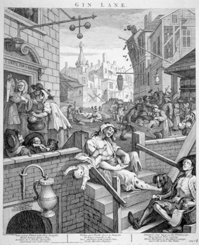 Gin lane, el callejón de la ginebra plasmado por William Hogarth. 