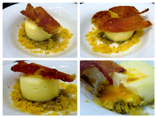 Coulan de huevo con ‘teja’ de jamón, hongo y trufa, en Zazpi (foto: Cuchillo)