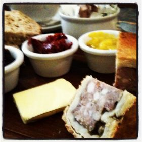 Pork Pie, served with bread, pickles and sundried tomatoes